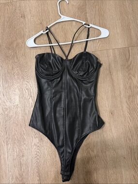 Zara Black Faux Leather Strappy One-Piece Bodysuit